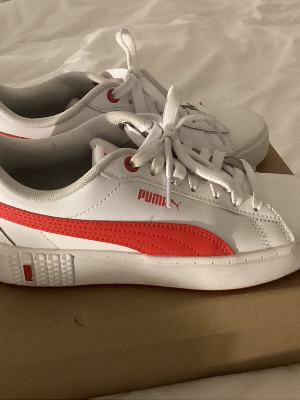 Puma Kids White Sneakers with Coral Stripe